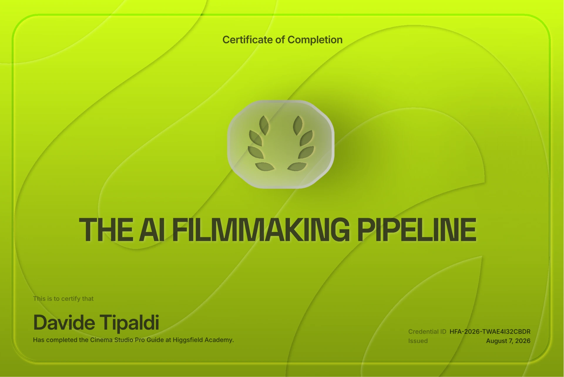 Certificato di completamento The AI Filmmaking Pipeline, Higgsfield Academy — Davide Tipaldi